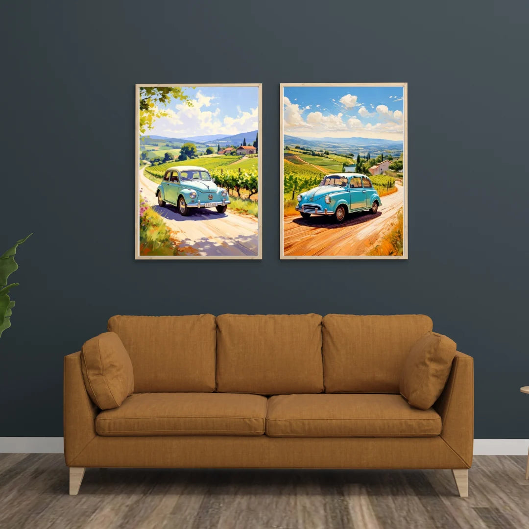 Retro car road trip landscape wall art canvas painting set
