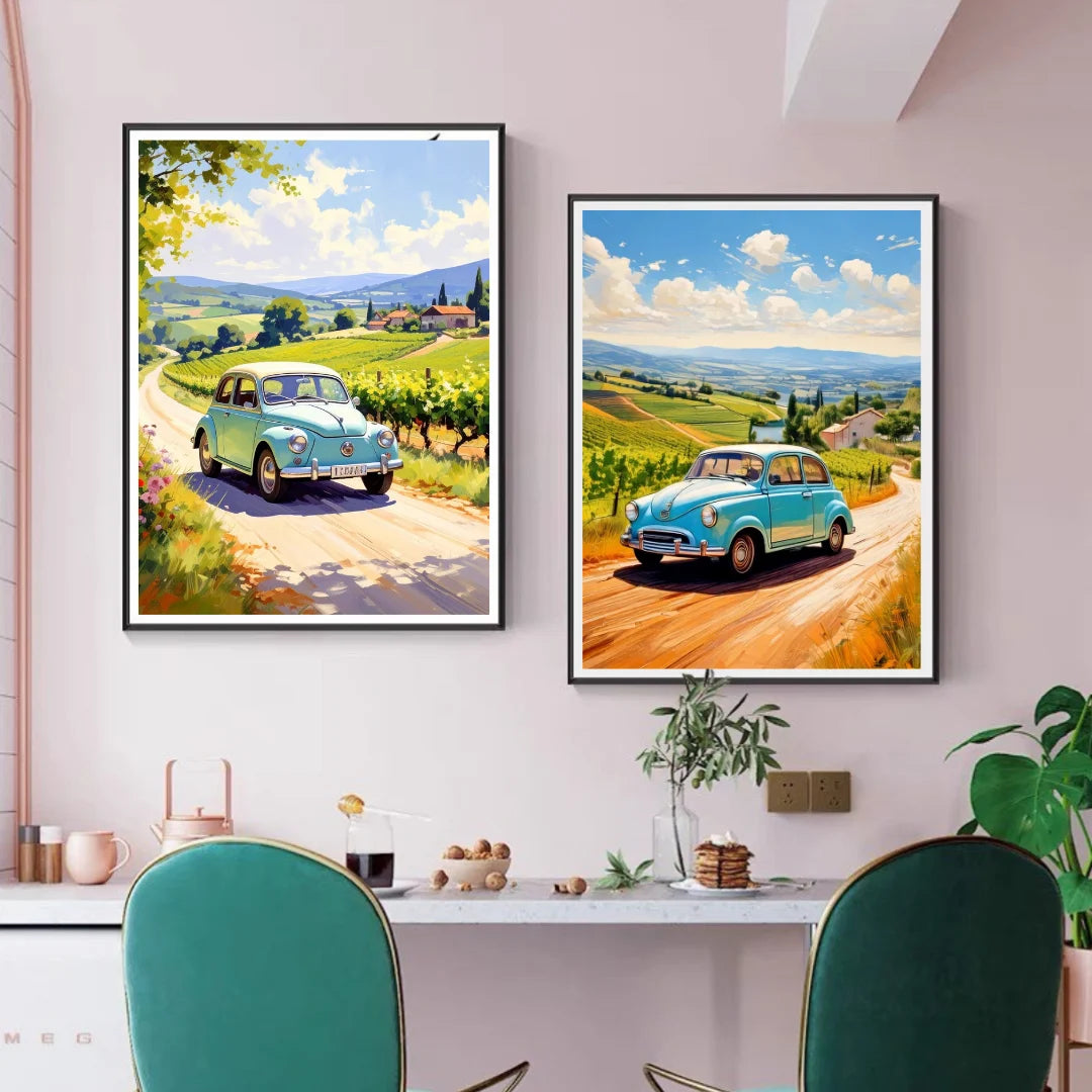 Retro road trip car landscape canvas wall art
