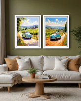 Retro car travel landscape canvas wall art set
