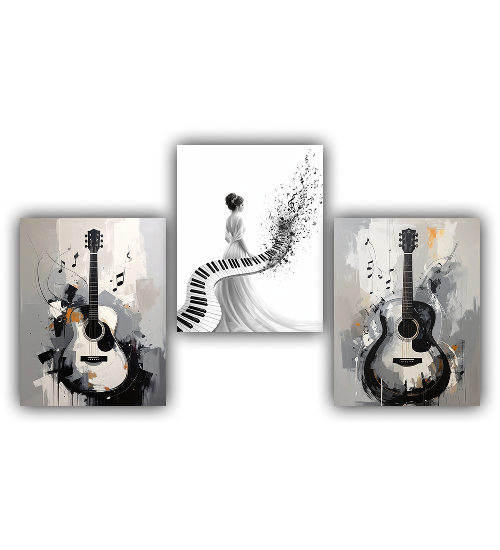 Set of three abstract art prints featuring guitars and a person on a piano.