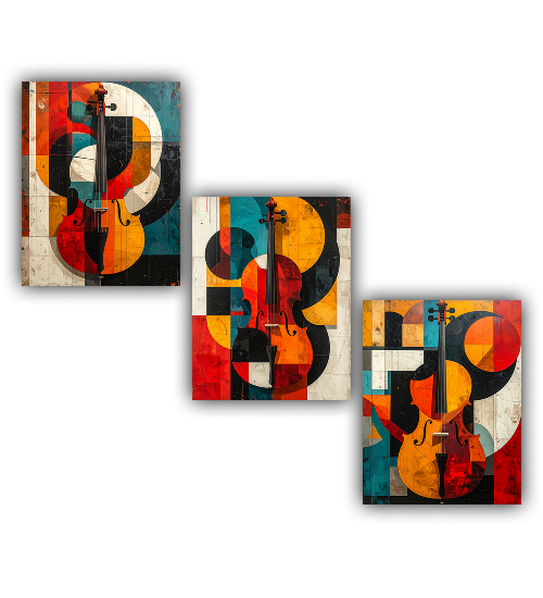Set of three abstract art prints featuring a violin on a white background