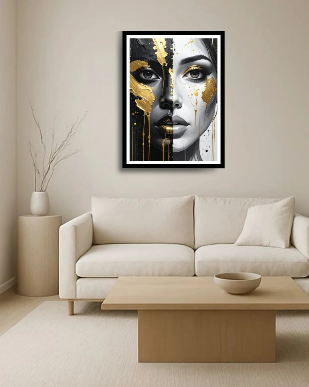 Luxury abstract female portrait wall art in black and gold for modern living room decor
