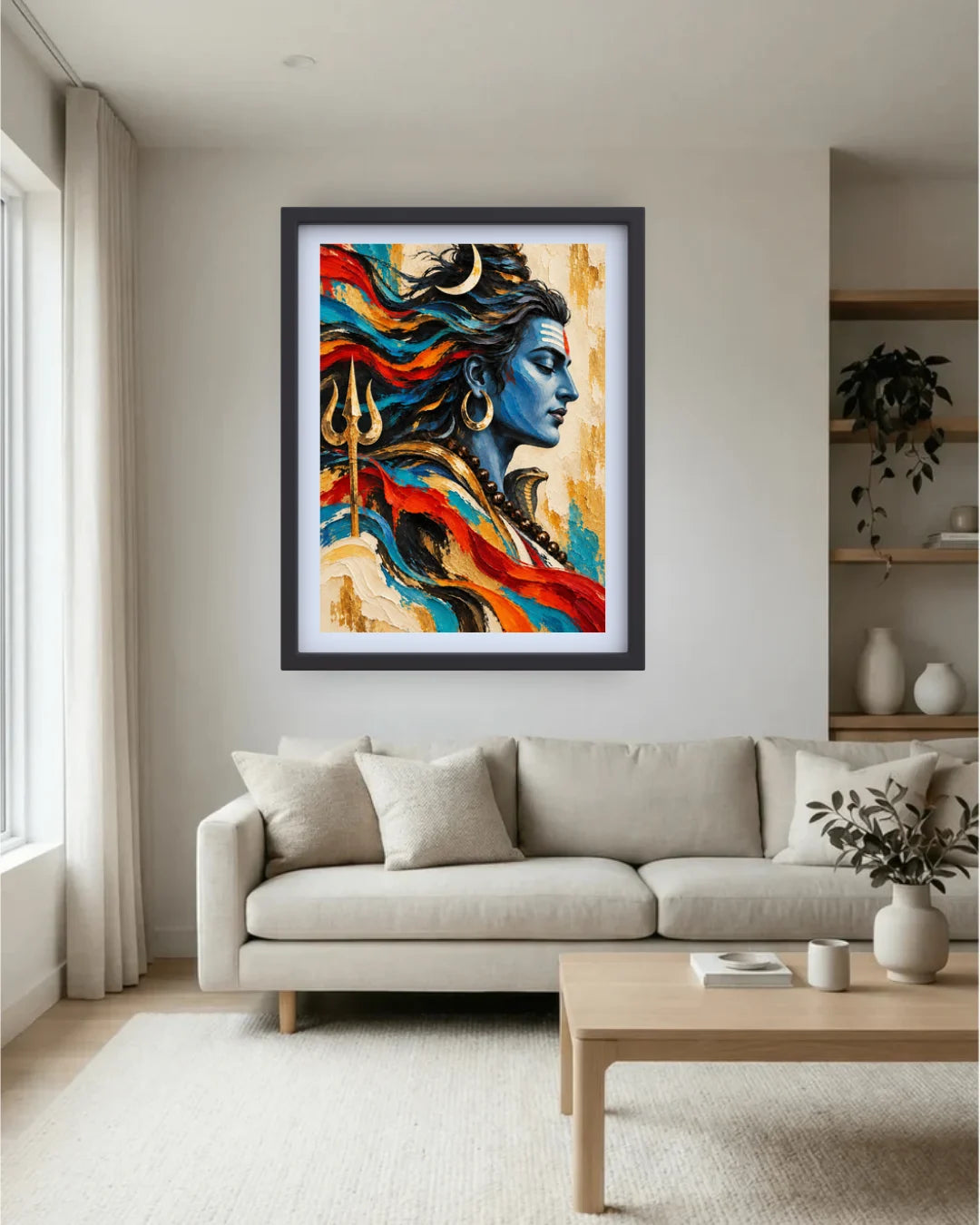 A framed colorful art print of Lord Shiva hanging on a light beige wall in a modern living room setting with a sofa and coffee table.