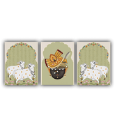 Set of three decorative panels with a central figure and two white animals on a beige background