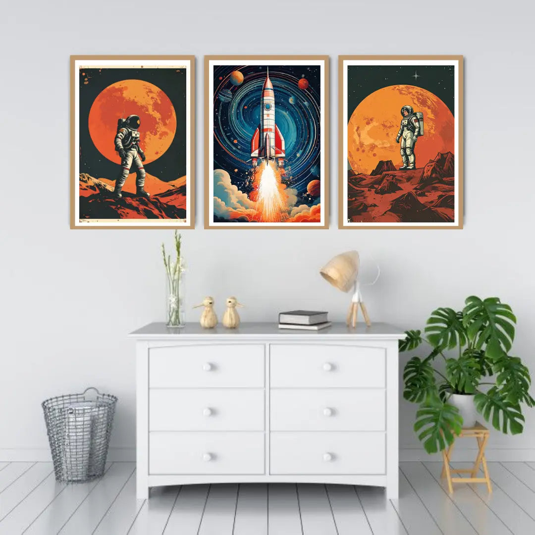 Space exploration wall art canvas painting set of three
