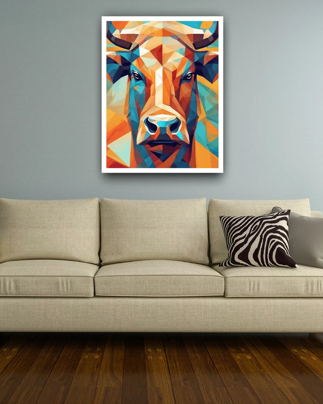 Abstract bull wall art painting in modern living room interior
