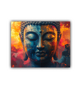 Colorful spiritual Buddha canvas artwork placed on a wall for meditation room décor.