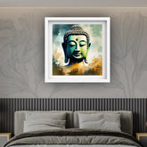 Modern Buddha art framed above a gray bed in a minimal modern bedroom interior.