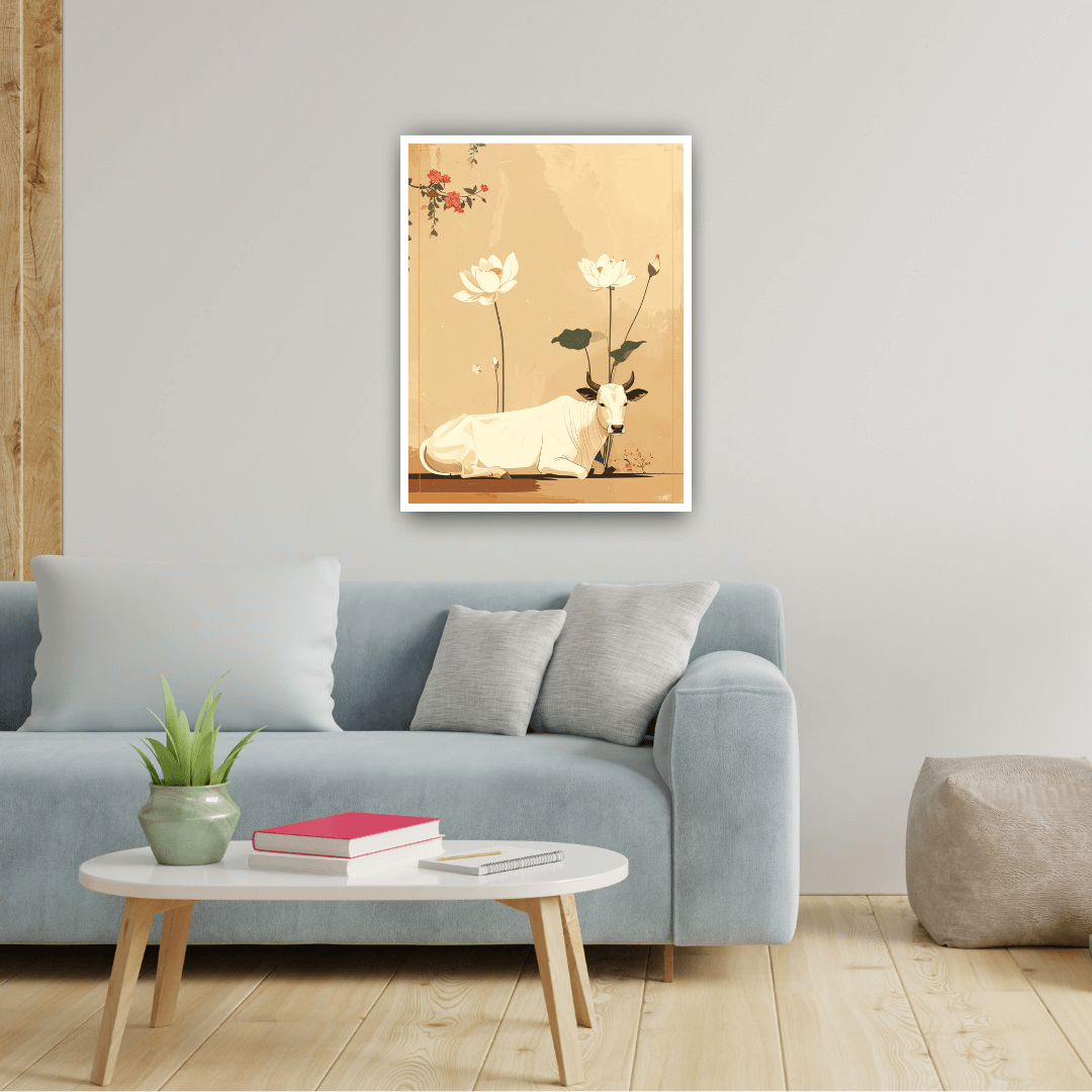 Living room with a blue sofa, coffee table, and wall art of a cow and flowers.
