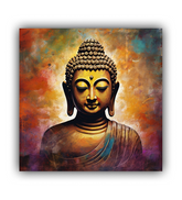 Spiritual Golden Buddha painting mounted on a dark wall with modern spotlight décor.