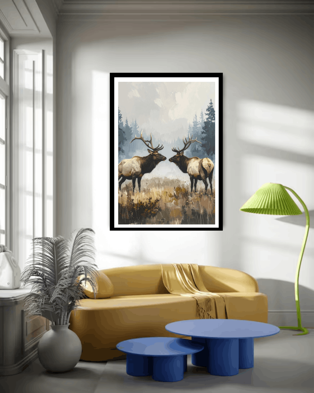 Living room with yellow sofa, blue tables, and framed artwork of two elk on the wall.