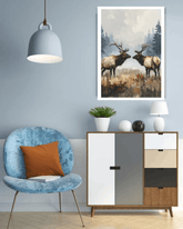 Modern living room with a blue armchair, white sideboard, and framed artwork of elk.