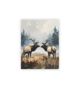 Two elk standing in a forest with trees and mist in the background