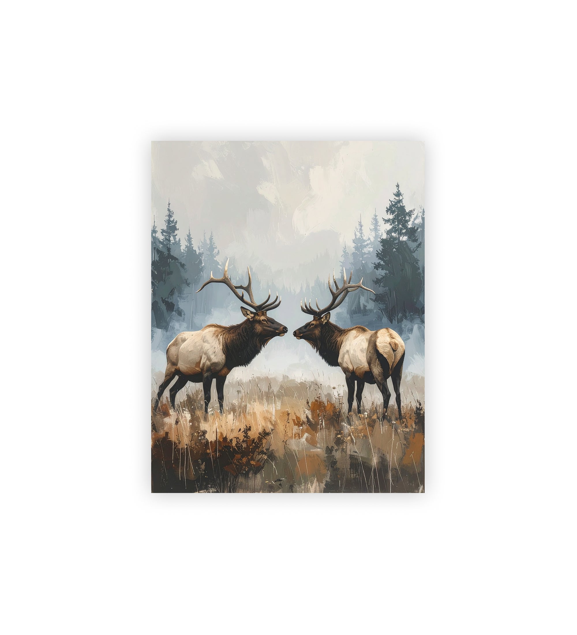 Two elk standing in a forest with trees and mist in the background