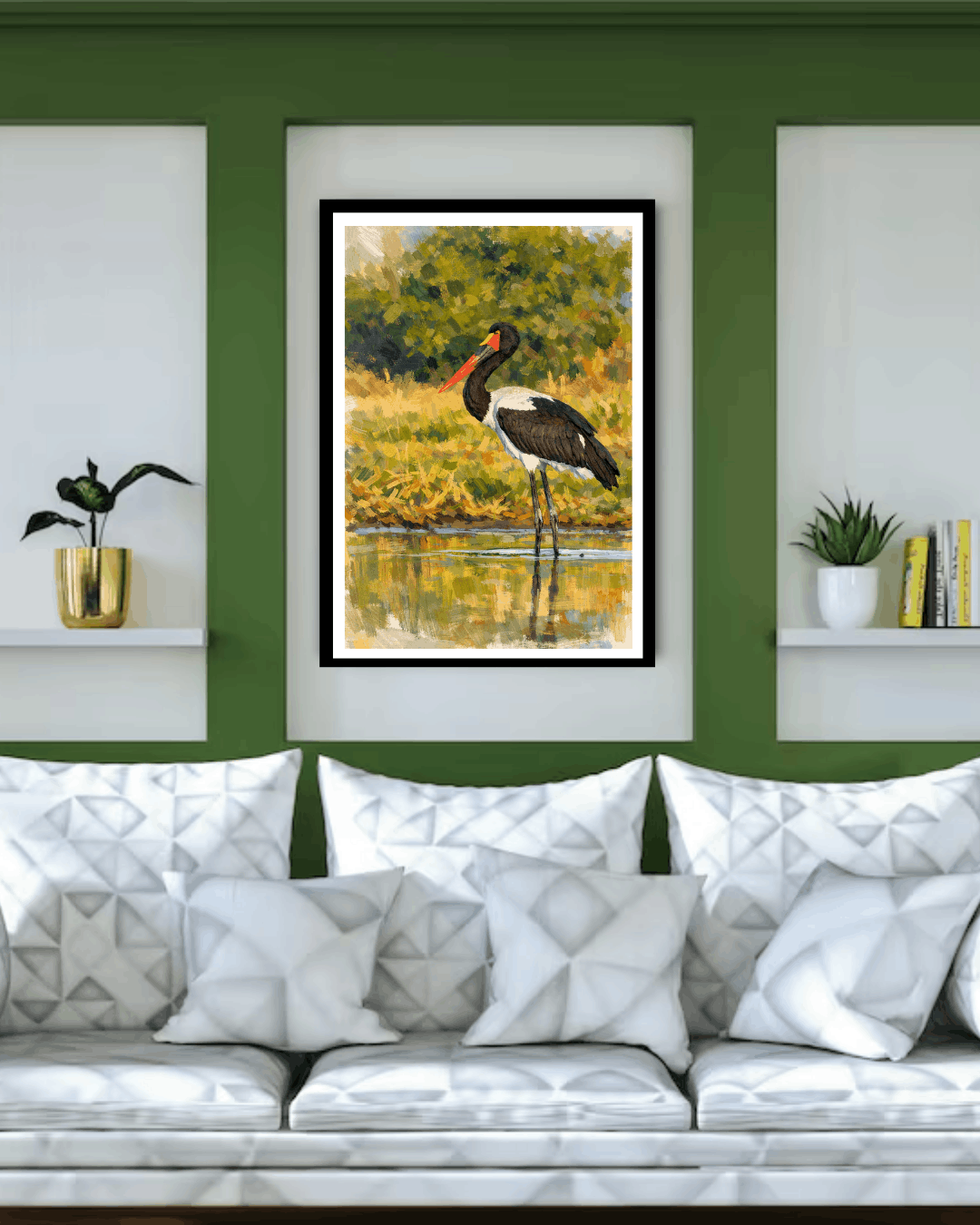 Framed artwork of a bird on a wall above a sofa with decorative pillows.