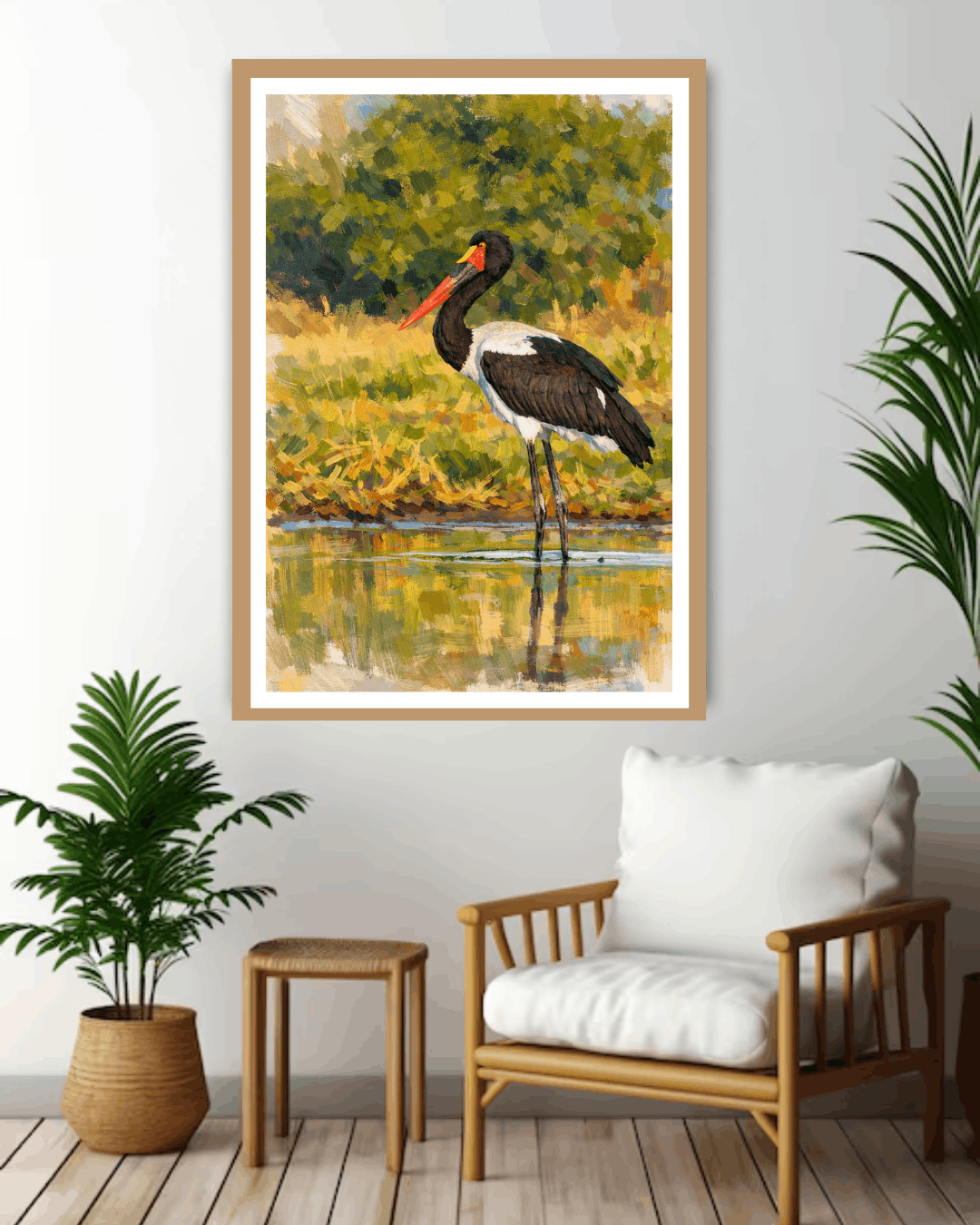 Framed painting of a bird by a lake in a living room setting with a wooden chair and plant.