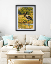Framed picture of a bird on a wall above a sofa with decorative pillows.