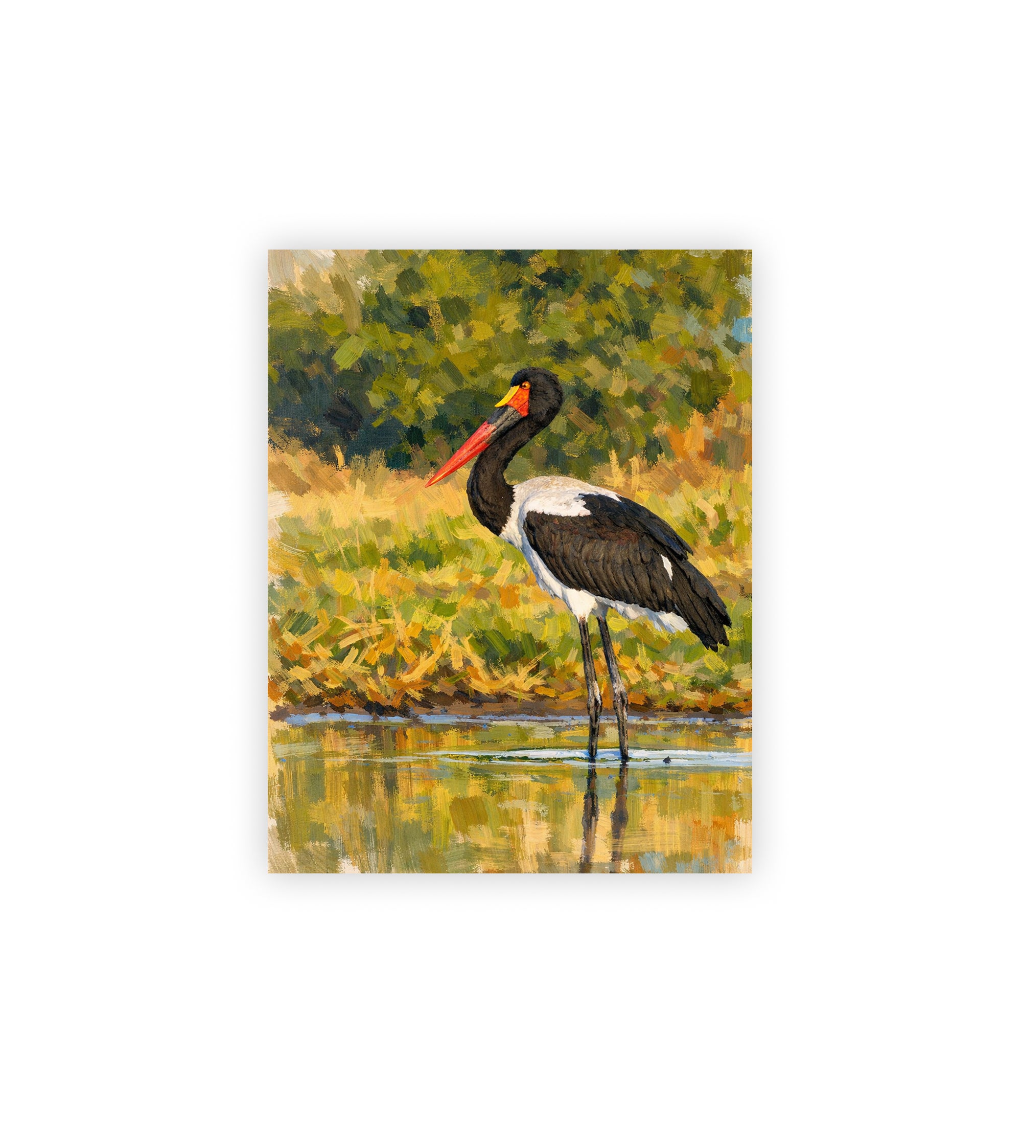 Painting of a stork standing in water with a natural background