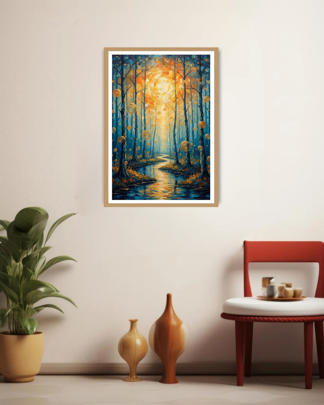Sunlit woodland wall art canvas above sofa