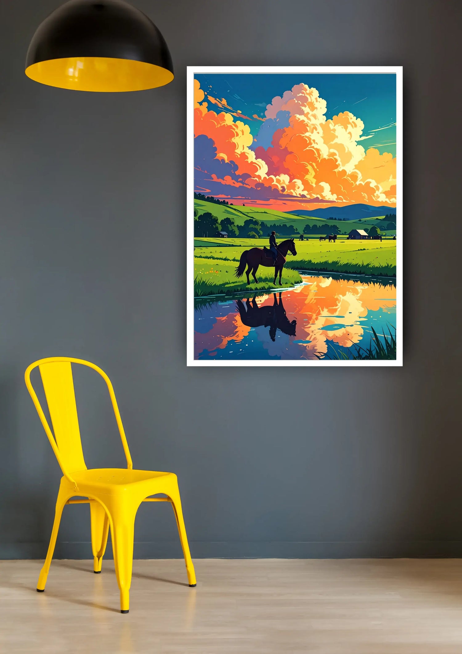 Colorful countryside lake sunset wall art canvas painting

