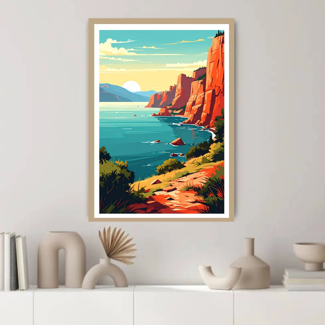 Vintage ocean cliff landscape wall art in retro style