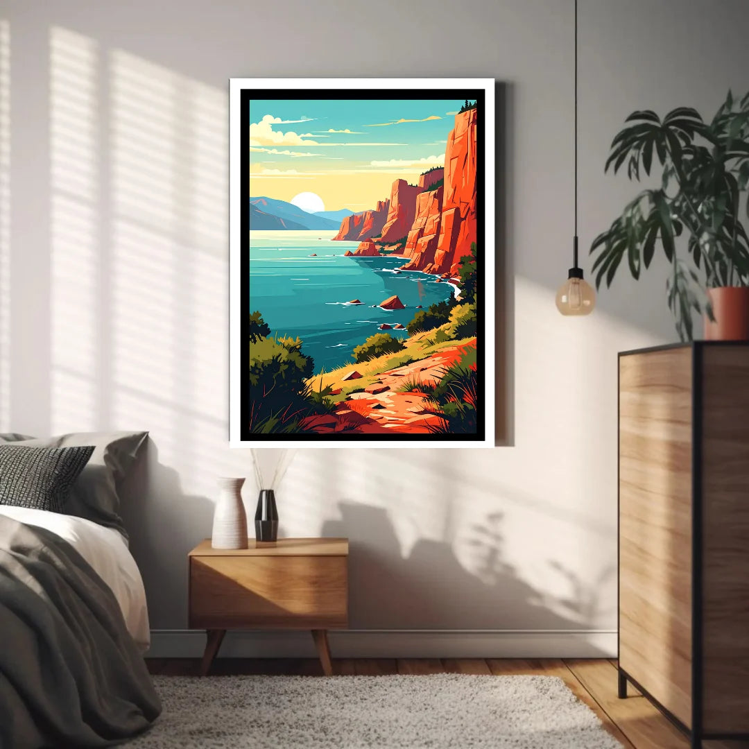 Retro travel poster style coastal cliff artwork