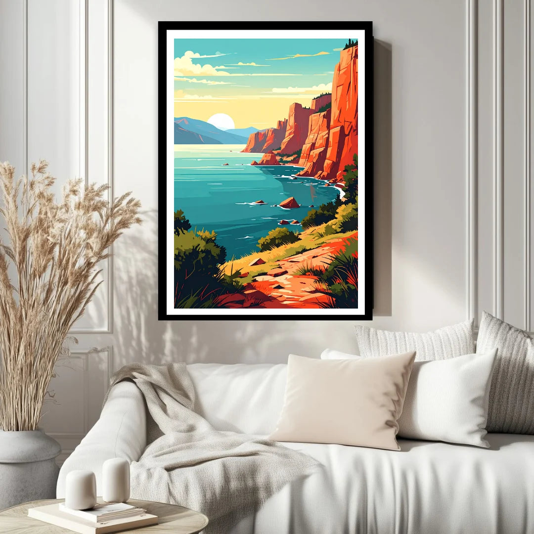 Retro coastal cliffs sunset painting displayed in living room