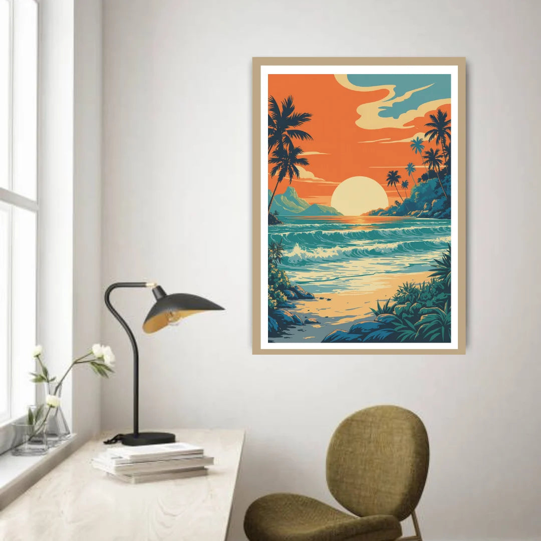 Sunset ocean palm illustration canvas painting
