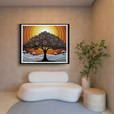 Framed abstract artwork of a tree with a sunset on the wall above a modern white sofa.