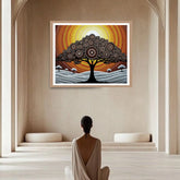 Artistic depiction of a tree with concentric circles against 