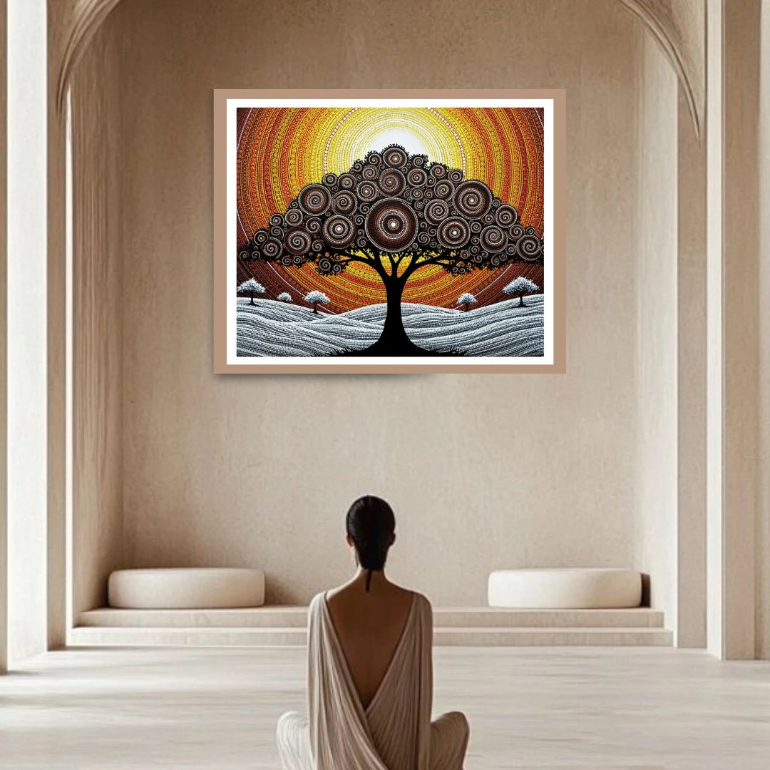 Artistic depiction of a tree with concentric circles against 