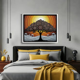 Bedroom with a large abstract tree painting on the wall