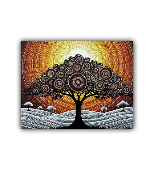 Artistic depiction of a tree with concentric circles against an orange and yellow circular background.