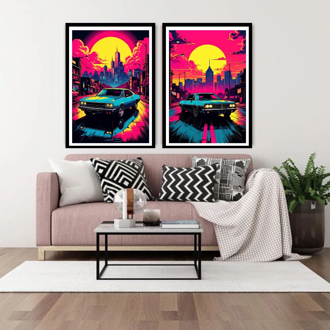 Synthwave city sunset car canvas wall art
