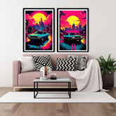 Synthwave city sunset car canvas wall art
