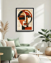 Modern abstract woman face painting displayed in contemporary home interior
