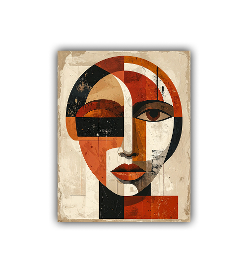 Abstract geometric female face wall painting in earthy tones
