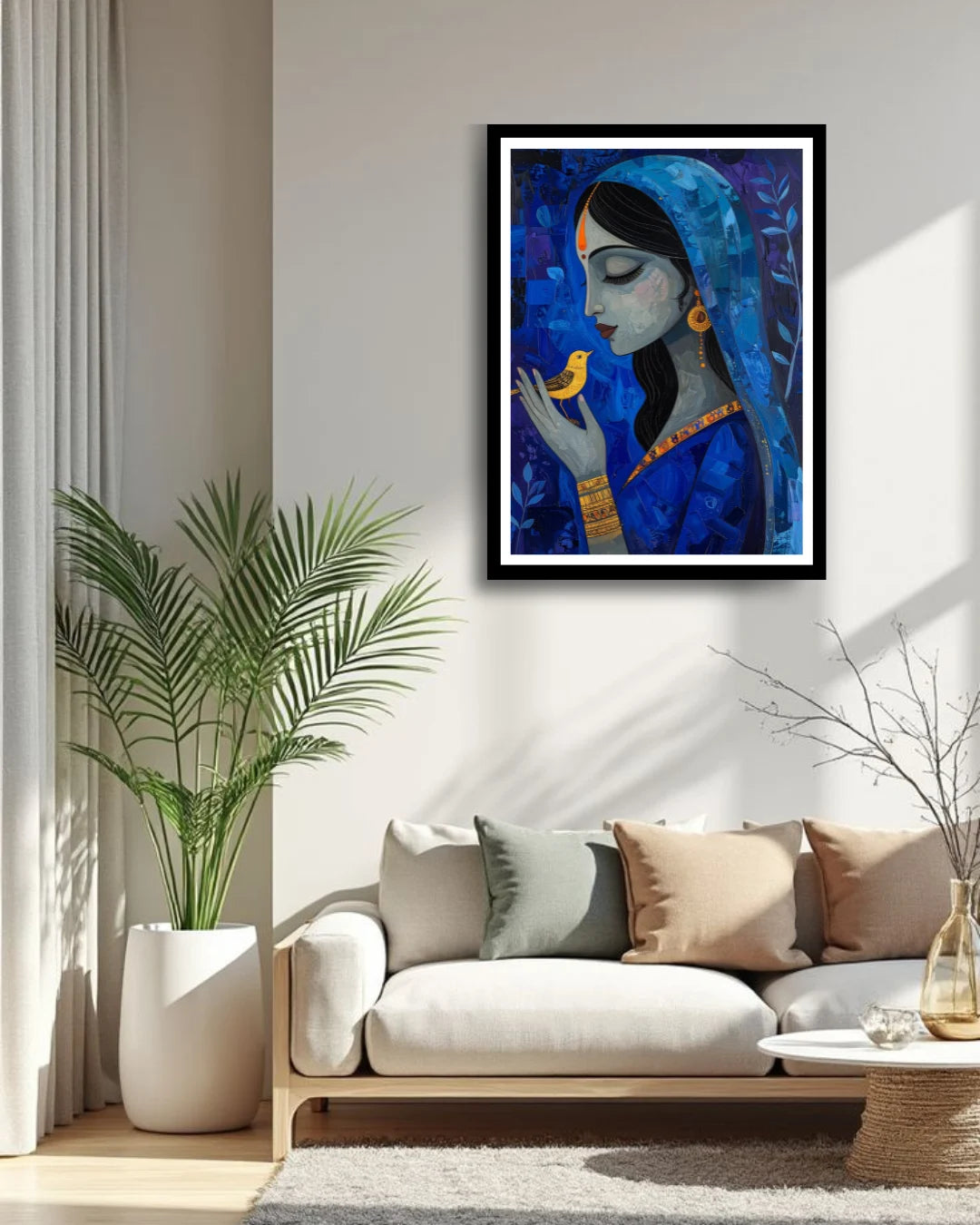 Blue figurative woman portrait wall art with artistic details for modern living room decor
