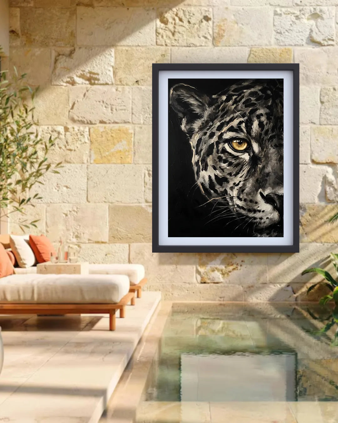 A framed black and white leopard art print with a yellow eye hanging on a beige stone wall above a modern outdoor lounge chair and glass pool.