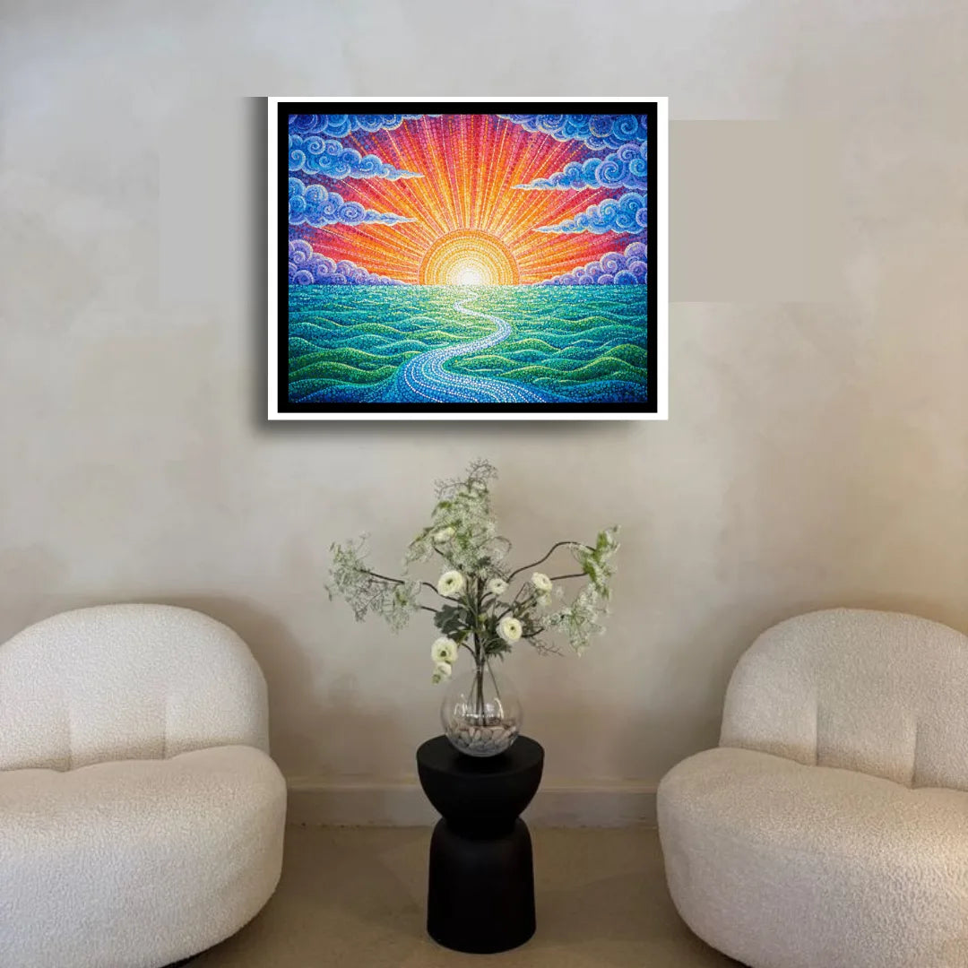 Modern sunrise abstract painting for peaceful home decor
