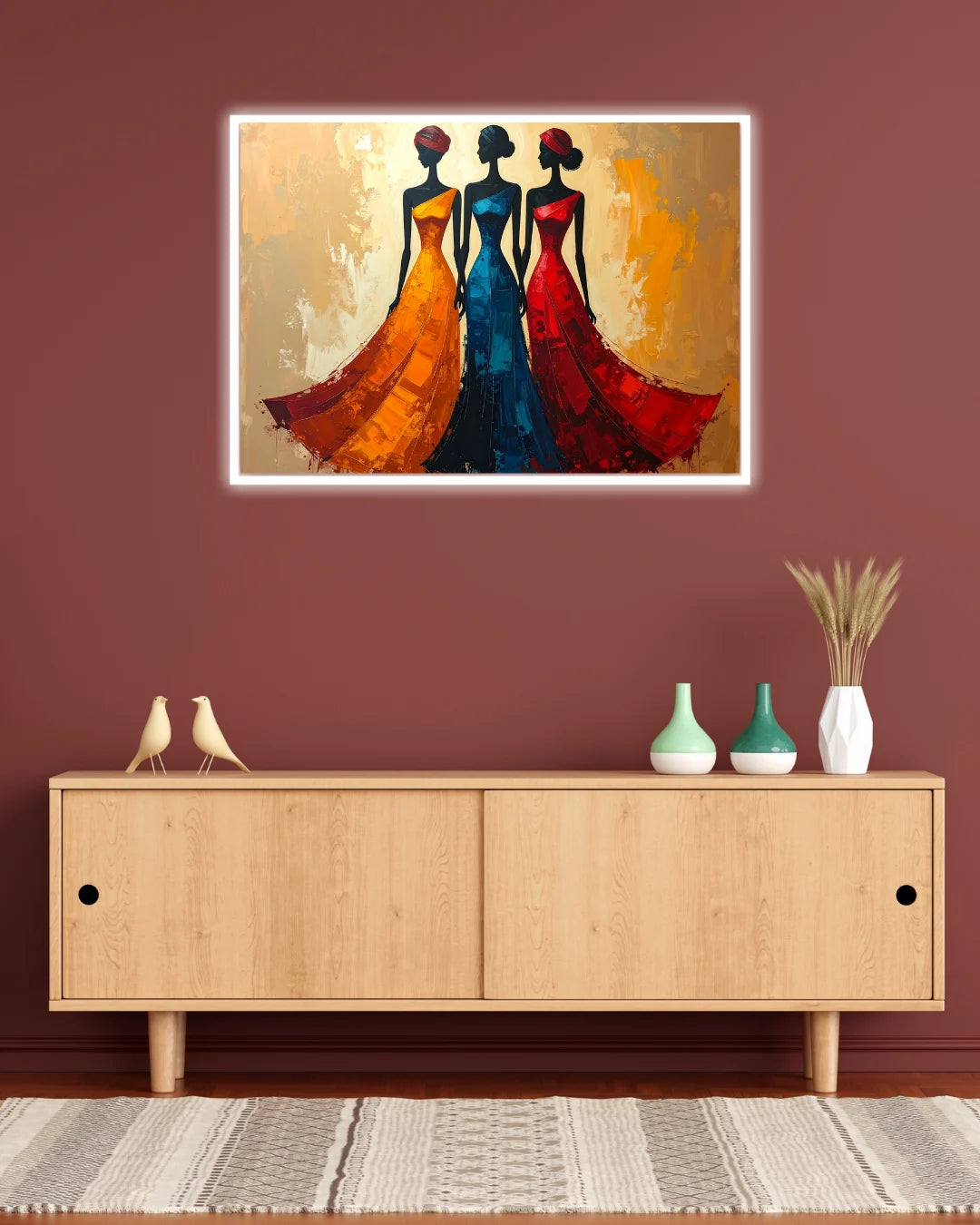 Colorful ethnic women dancing wall art with warm earthy tones
