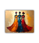 Ethnic abstract women dancing painting with vibrant red and blue dresses
