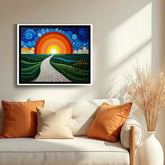 Colorful sunrise wall art painting with scenic nature view
