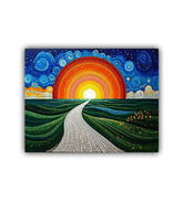 Sunrise landscape painting with vibrant colors and green fields

