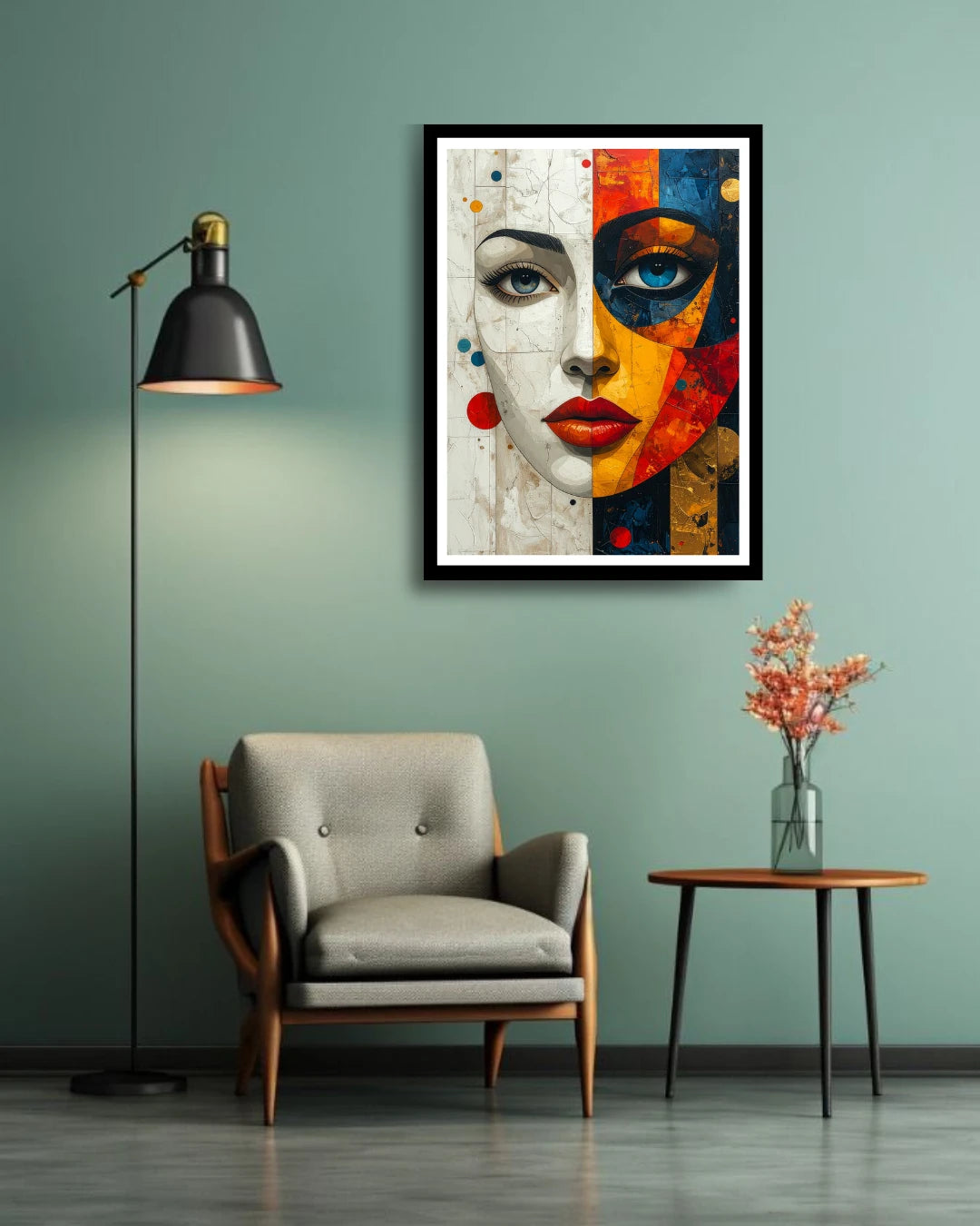Colorful figurative woman portrait wall art for modern living room decor
