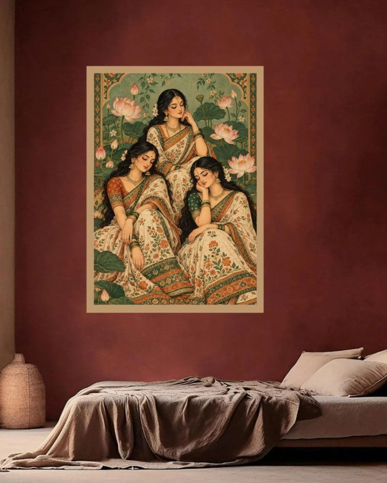 A framed vintage-style wall art print depicting three women in floral sarees seated among lotus flowers, displayed on a dark reddish-brown wall above a bed in a styled bedroom.