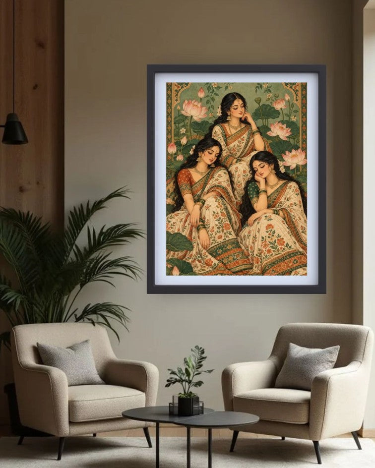 A framed art print depicting three women in traditional Indian sarees, hung on a beige wall in a modern living room setting with two beige armchairs and a small round coffee table.