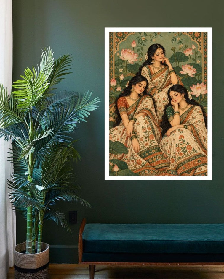 A framed art print depicting three women in traditional Indian sarees, hung on a dark green wall above a teal bench next to a potted palm plant.