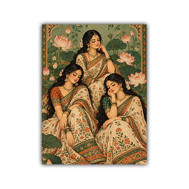 A vertical art print depicting three women in traditional Indian sarees seated among lotus flowers, shown against a plain white background.