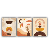Three abstract art prints with geometric shapes and patterns on a beige background.
